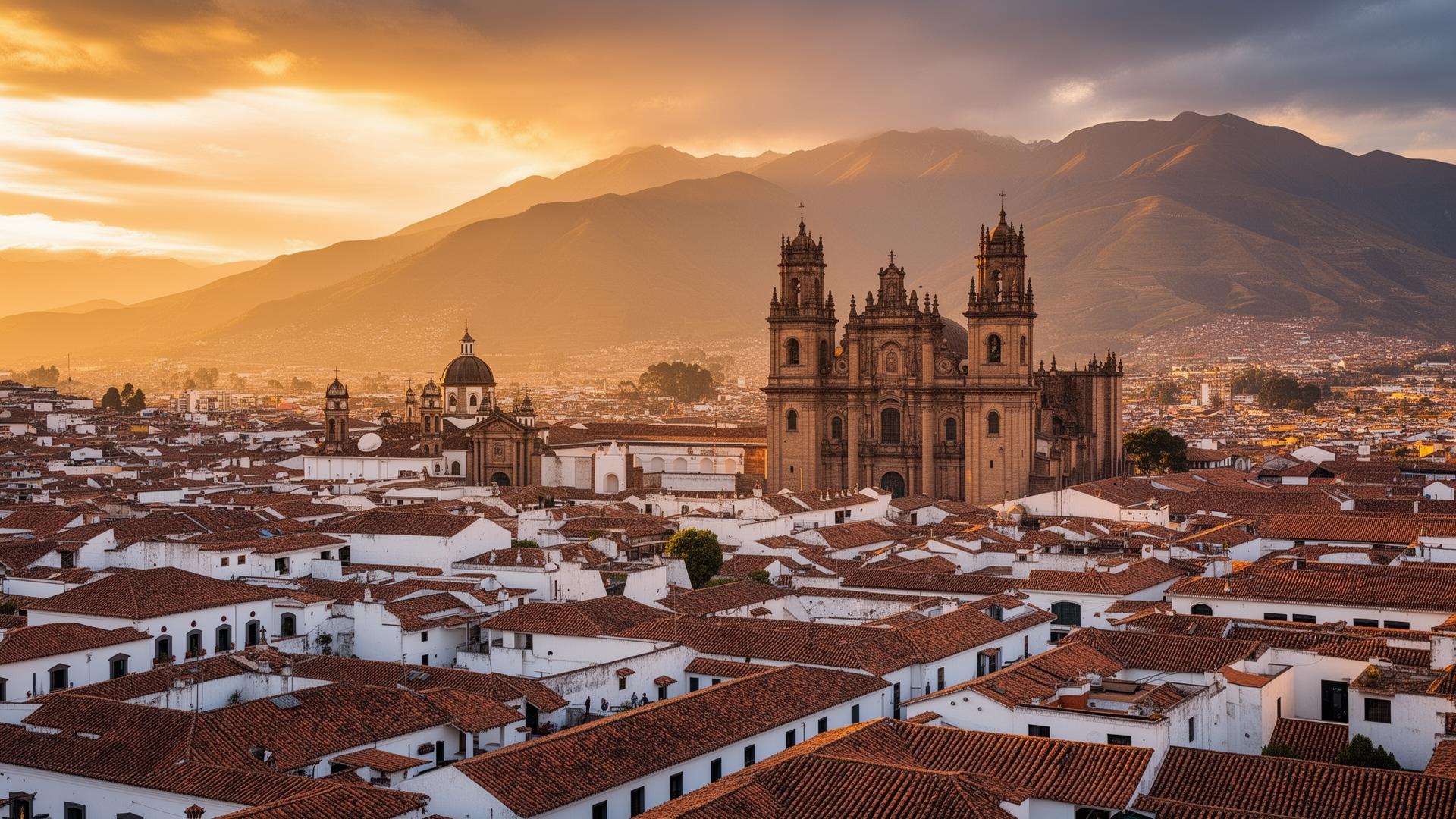 Centro histórico colonial de Quito al atardecer con los Andes al fondo