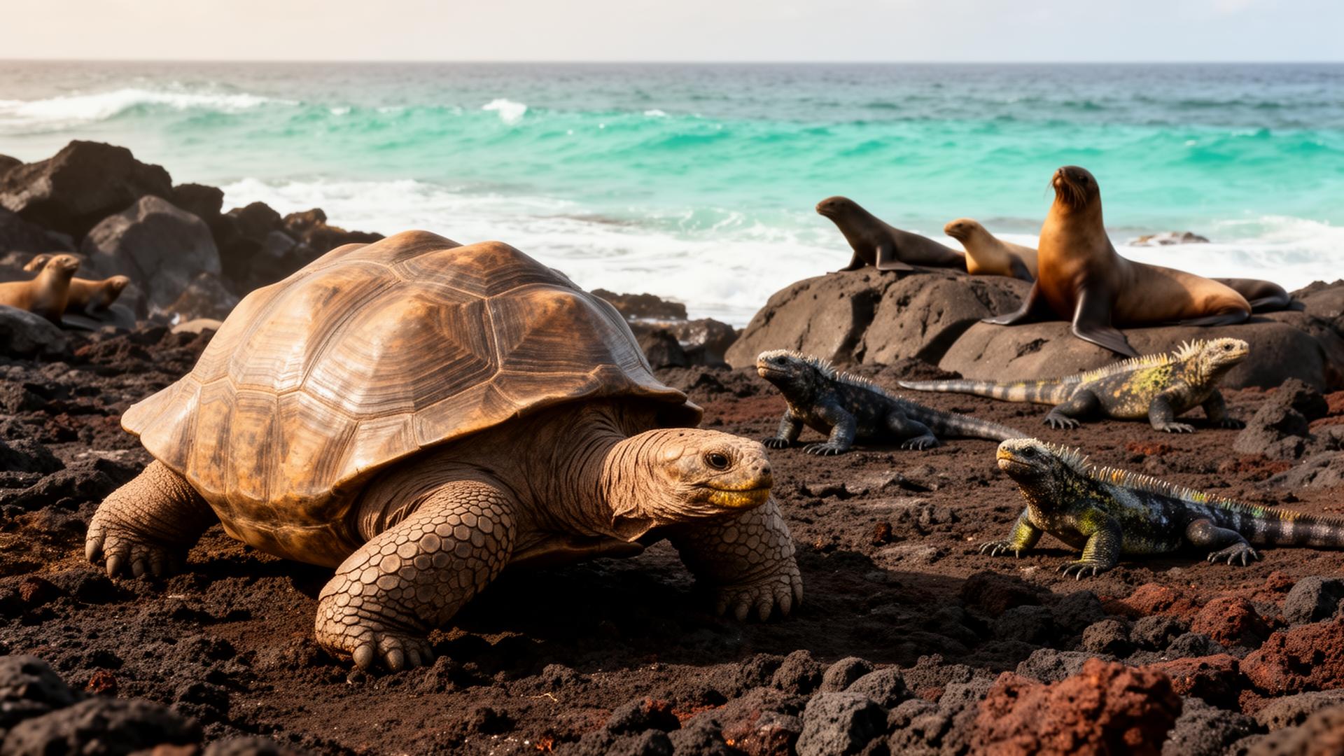 Tortuga gigante e iguanas marinas en las Islas Galápagos