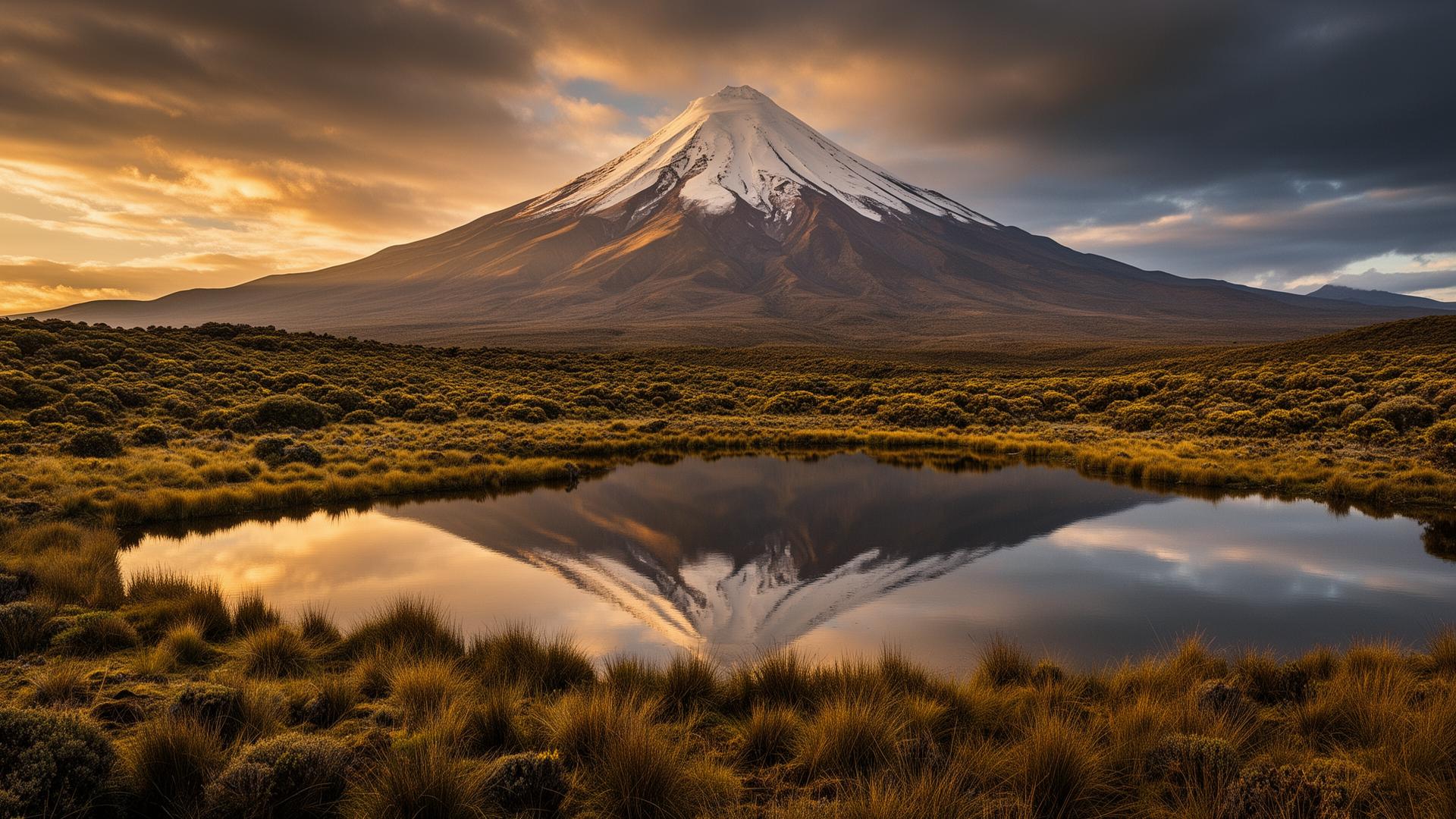 Volcán Cotopaxi al atardecer reflejado en una laguna andina